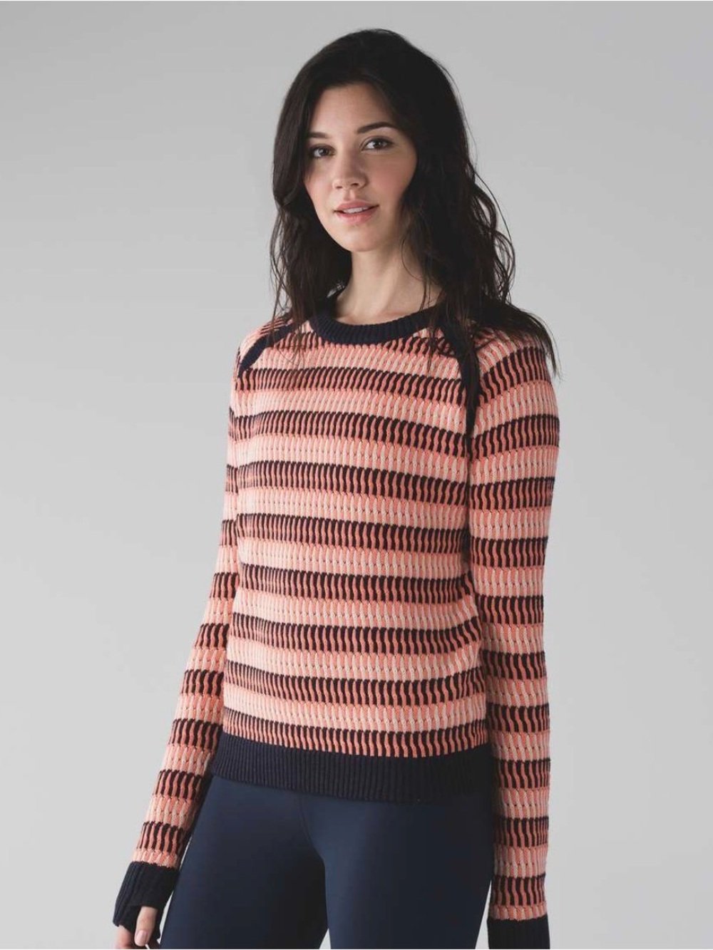lululemon athletica Coral and Navy Striped Devi Crew Sweater